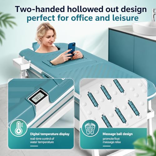 Image of Hukimoyo 6 Feet Bathtub for Adults (148x62x52 cm) Foldable with Temperature Meter & Bath Pillow Portable bath tub for Bathtroom Spa Tub Home Freestanding Hot & Ice Bath For Adults