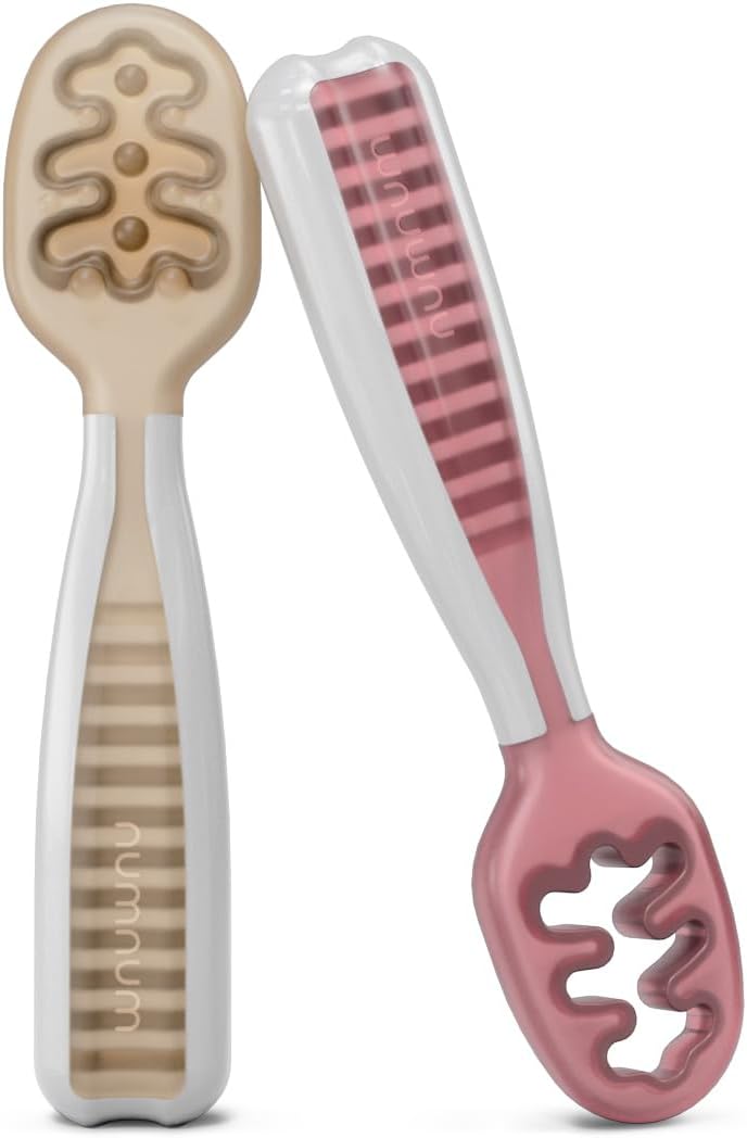 Baby Spoons Set, Baby Essentials Pre-Spoon GOOtensils for 6+ Months, First Stage Self-Feeding Spoons for Baby Led Weaning (BLW), Silicone Toddler Utensils, BPA-Free, 2 Pack Beige/Mauve