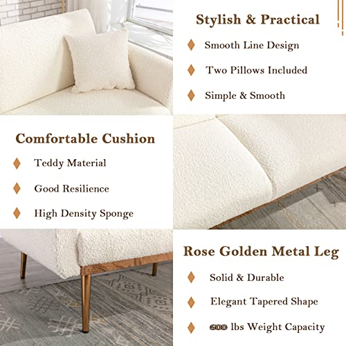Antetek Futon Sofa Bed With 3 Adjustable Positions, Small Sleeper Sofa Loveseat With 2 Decorative Pillows, Modern Upholstered Convertible Couch With 5 Metal Tapered Legs, White Teddy #TOP3
