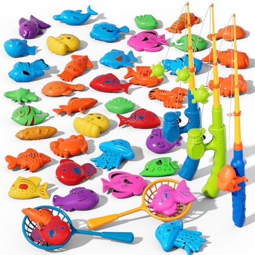 BLmukce Magnetisches Angelspiel Angelspielzeug mit Schwimmenden Fischen, Baden Pool Strand Outdoor Spielzeug, Geburtstagsgeschenk für Kinder ab 3-8 Jahre(45PCS)