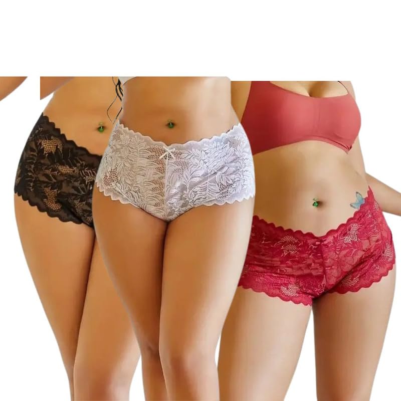 Pack of 3 Women Sexy Lace Boyshort Briefs Women Lace Panty (Multicolor)