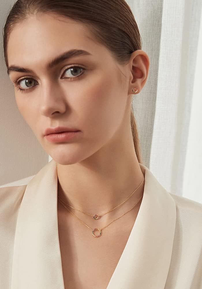 925 Sterling Silver Multicolor Cubic Zirconia Layered Necklace Circle Earrings for Women, CZ Zircon Gemstone Pave 14+2inch Chain S925 18K Gold Plated Colorful Rainbow Pendant Choker Round Stud Fine