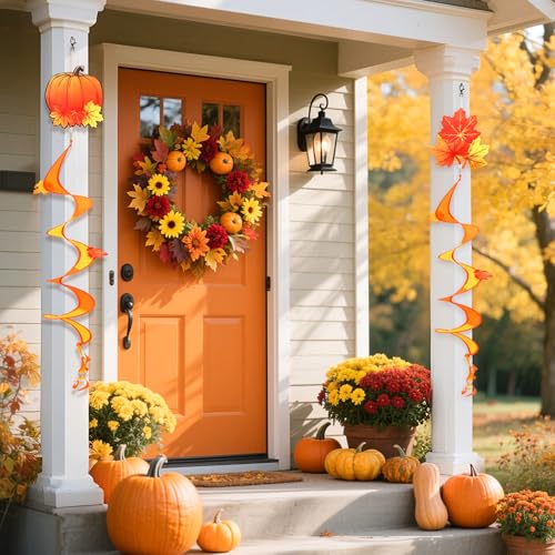 Image of NOVWANG 2 Piece Fall Wind Spinners, Autumn Thanksgiving Hanging Flag Windsock Fall Orange Outdoor Decorations for Home Garden Yard Patio Decor