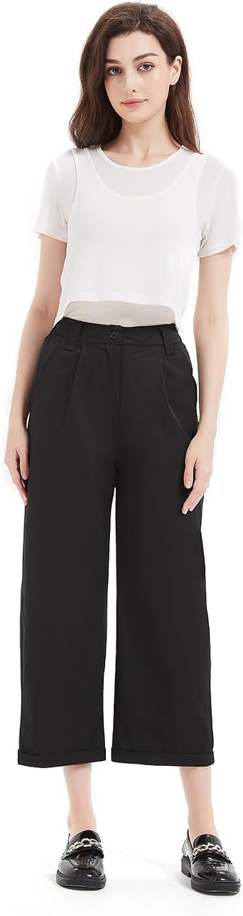 Womens Wide Leg Cropped Pants High Waisted Elastic Waist Work Pants Business Casual Lightweight with Pockets