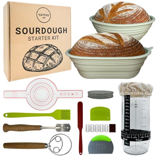 Yateki Sourdough Starter Kit for Beginners – 20pc Bread Making Set with 2 Silicone Proofing Baskets, Starter Jar, Bread Sling, Danish Whisk, Bread Lame & Essential Tools for Homemade Bread