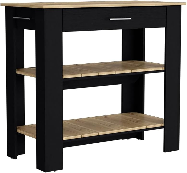 Kitchen Island with Storage, 40-Inch Butcher Block Countertop, Black and Light Oak Finish