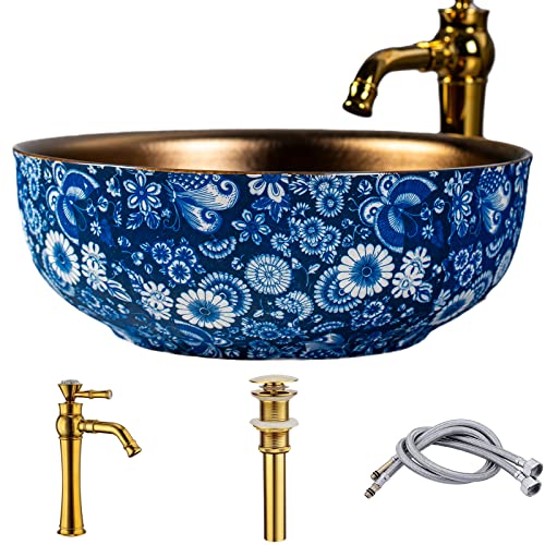 Blue White Porcelain Gold Inside Bathroom Vessel Sinks Round Sink Bowl With Faucet And Drain Combo #TOP12