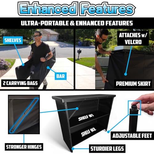 Image of PartyLife 48 inch Premium Portable Bar Table w /Folding Legs, Black Fabric Bar Skirt, 2 Storage Shelves & 2 Carrying Bags | Commercial Grade | Strong & Sturdy - White