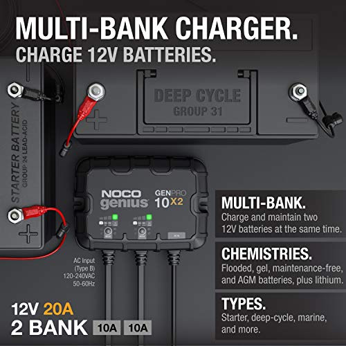 NOCO Genius GENPRO10X2: 2-Bank, 20A Onboard Battery Charger - 10A Per Bank, 12V Waterproof Marine Charger with Overcharge Protection & Temperature Compensation – for Lead-Acid & Lithium Batteries by NOCO - Image 2
