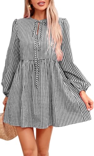 Womens Gingham Dress Cute Long Sleeve Babydoll Flowy Mini Shirt Dress Casual Fall Plaid Clothes with Zipper Black