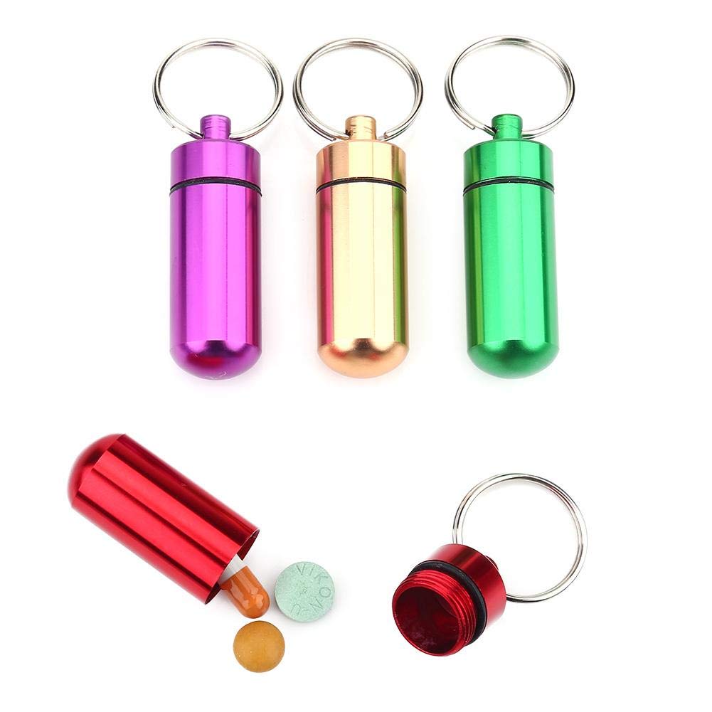 9 Colori In Lega di Alluminio Mini Pillola Scatola, Argento + Oro + Rosso + Nero + Blu + Viola + Verde + Champagne Portachiavi Impermeabile Medicina Caso, per Viaggi, Campeggio All'Aperto