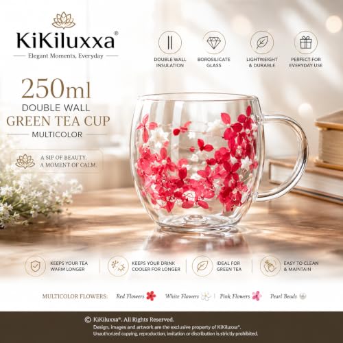 Image of KiKiluxxa 250ml Double Wall Glass Tea Coffee Mug Set of 2 | Glass Cups with Movable Decorative Flowers & Pearl Beads | Insulated Glass Mug for Tea, Coffee, Milk, Gift (Ruby Blossom+Golden Daisy)