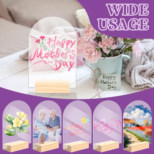 Image of Bercoor 5 Pack 4x6 Inch Blank Clear Arch Acrylic Sign with Wooden Stands, Arched Round Top Acrylic Sheet, DIY Acrylic Arch Table Numbers for DIY Name Card Gifts Event Party Sign Decoration