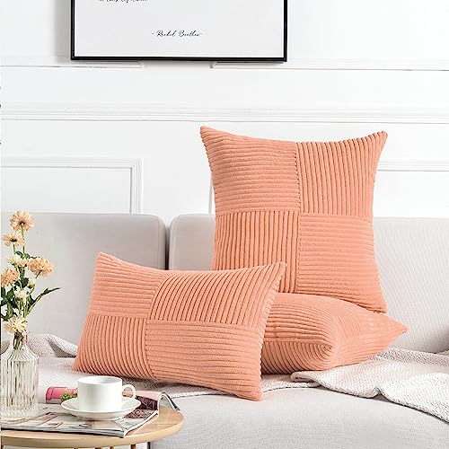 Image of Fancy Homi 2 Packs Peach Samll Decorative Throw Pillow Covers 12x12 Inch with for Couch Bed Sofa, Rustic Farmhouse Boho Home Decor, Soft Corss Patchwork Corduroy Cute Square Cushion Case 30x30 cm