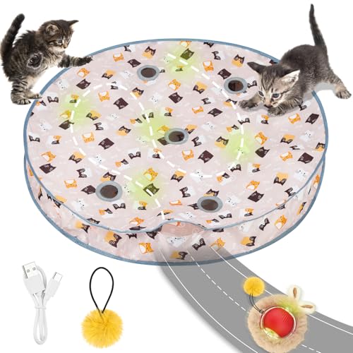 AYESY Juguete Interactivo Gato, Juguete de Bola USB para Gatos con Colchoneta Pelota de Juguetes para Gato Esconder Buscar Gatitos Recargable y Activado por Movimiento Juego de Atrapar Ratones 7 Hoyos ✅