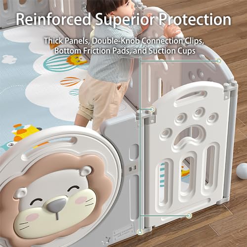 Adventure Lion Baby Playpen for Baby and Toddlers Foldable - Kids Play Pen Babies and Toddlers - Includes Play Mats, Activity Panel, Basketball Hoop & Balls (White/Grey) - 6