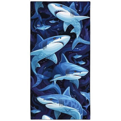 OHTMTHO Blue Sharks Beach Towel Oversized 36"x72" Quick Dry Microfiber