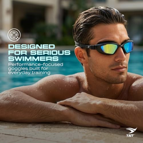 Image of AquaElite Ultra Wide Mirrored Swimming Goggles for Men & Women| Lab tested by Experts | Dual Anti Fog Tech with UV Protection 600 | Polycarbonate Lens with Adjustable Silicone Strap - Black Blue