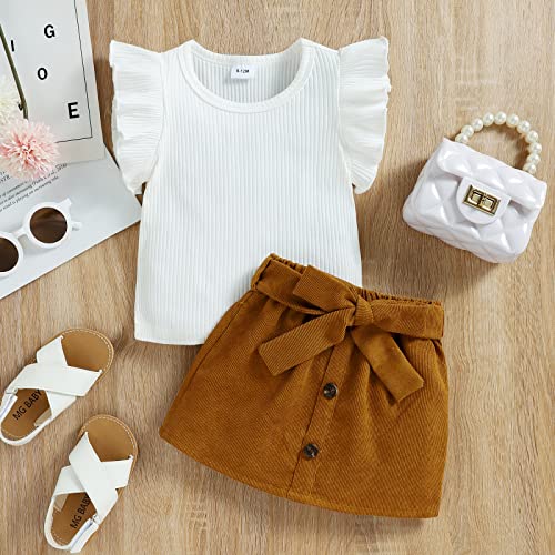 Pakglejg Toddler Baby Girl Skirt Outfit Ruffle Sleeveless Ribbed T-Shirt Tops A-Line Mini Skirt Set Infant Kids Summer Clothes 9M-4Y (White Brown, 2-3 Years) #TOP1