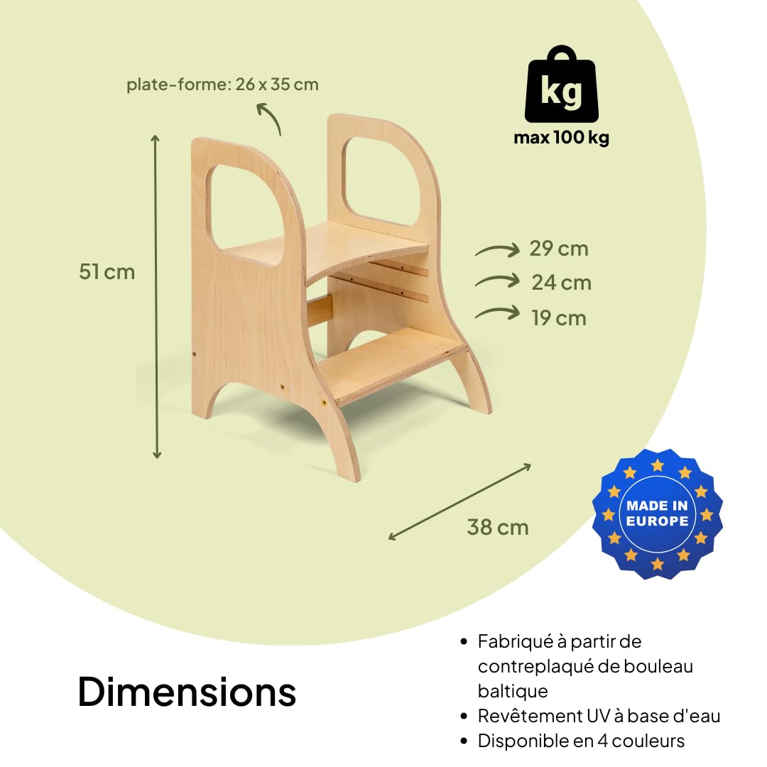Ette Tete MIIMO • Marchepied pour Enfant à Hauteur réglable • Tabouret de Toilette d'apprentissage de la propreté (en Bois)
