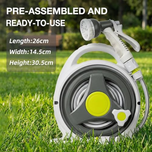 Image of Rolling Hose Reel Retractable Portable Garden 50FT With 7 Function Sprayer Nozzle - Hideaway Wall Mount for Cleaning Patio Car Washing (Grey)