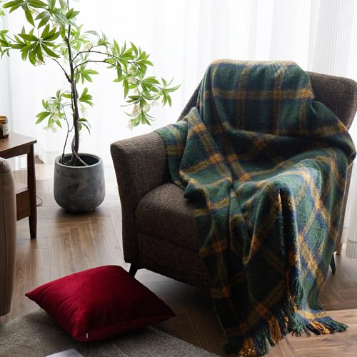 Zonli KS-002 Green Plaid Throw Blanket, 50'' X 60'' Decorative Vintage Blankets With Tassel For Couch, Bed thumb #5