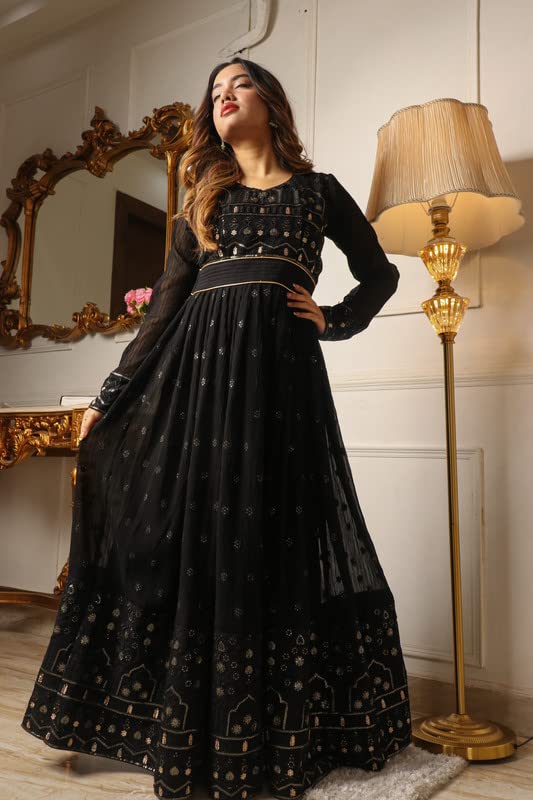 Image of Vidraa Fashion Black Embroiderred Georgette Gown / V216 P New