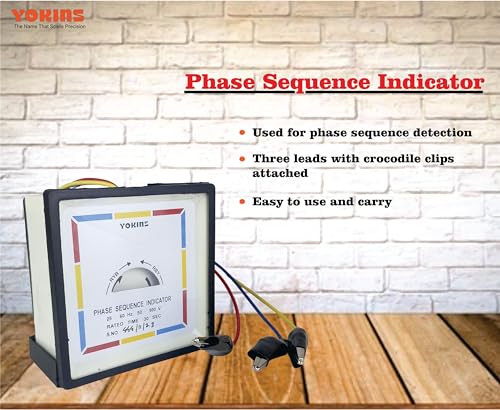Image of YOKINS, Phase sequence Indicator 20-60 Hz 50-500V AC, Detector Checker Meter, Portable 96mm rotation disc type, with 3 crocodile clips, 1 Year Warranty