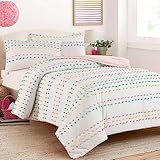 HOMBYS Tufted Pom Poms Bedding Comforter Set for Girls, 3 Piece White Boho Jacquard Kids Comforter Set for All Season，Twin/Twin XL Size