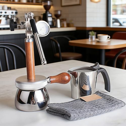 Espumador y vaporizador de leche, hervidor de 350 ml con boquilla de vapor de 3 agujeros y manómetro para latte, capuchino, chocolate caliente