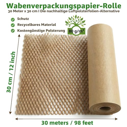 Olicky Wabenpapier Rolle – 30 cm x 30 M Verpackungsmaterial, Seidenpapier Papierrolle für Versand und Zerbrechliche Gegenstände, Luftpolsterfolie Alternative