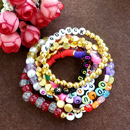Image of Looconi 1500 Pieces 6 Colors Letter Alphabet Beads and Number Heart Beads Round Flat and Crystal Line for Jewelry Making