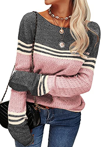 Danedvi CLASSIC Women Autumn Winter Colorblock Pullover Sweaters Round Neck Striped Slim Fitting Knitwear Tops Pink thumb #2