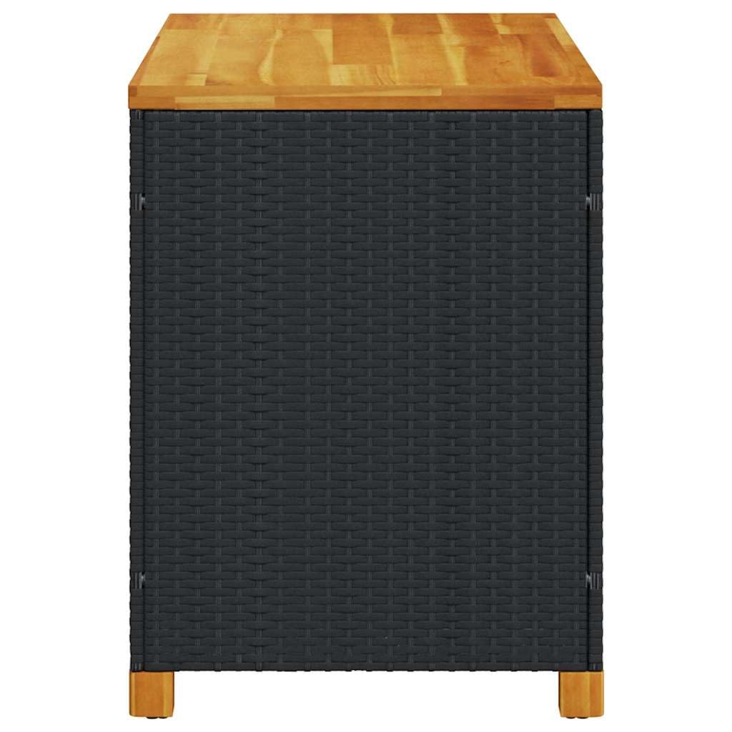 Skrzynia ogrodowa, czarna, 110 x 55 x 63 cm, polirattanowa z blatem z drewna akacjowego, odporna na warunki atmosferyczne, skrzynia do siedzenia na taras, balkon, miejsce do przechowywania