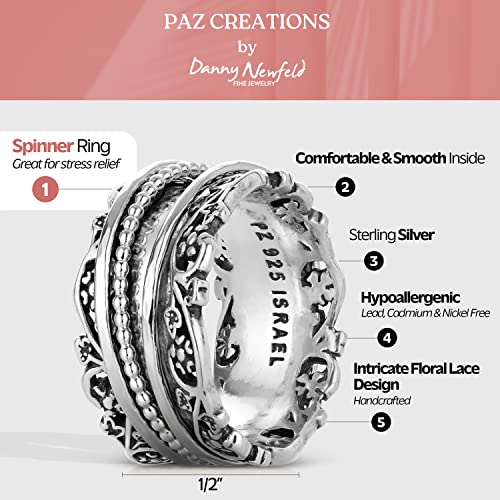 Paz Creations 925 Sterling Silver Spinner Rings For Women - Artisan Jewelry Band Fidget Rings, Women Boho Statement Rings, Handcrafted & Vintage Style Meditation Ring - Gift Ready, Silver, Size 9 #TOP2