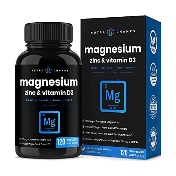 Magnesium-Zinc-Vitamin-D3-Supplement-Most-Bioavailable-Forms-Magnesium-Glycinate-Malate-Citrate-Bone-Muscle-Heart-Health-Immune-Support-120-Vegan-Capsules NutraChamps Magnesium Zinc & Vitamin D3 Supplement - Most Bioavailable Forms; Magnesium Glycinate, Malate, Citrate - Bone, Muscle & Heart Health, Immune Support - 120 Vegan Capsules