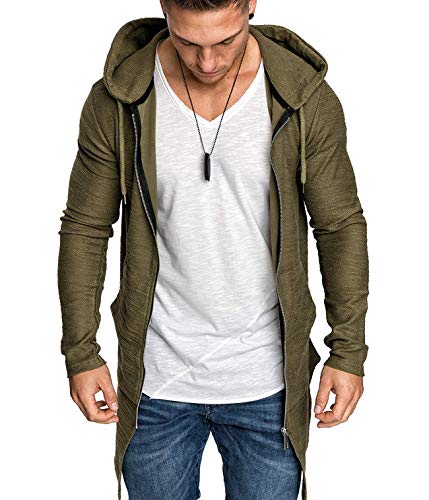 Mens Long Cardigan Jacket Slim Fit Open Front Longline Hooded Cardigan Coat (A01 Solid Army Green, Xl) #TOP1