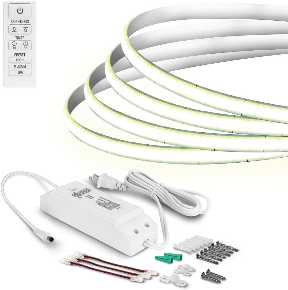 All components included with the Feit Electric LED Tape Light: the tape light, remote control, power supply, and mounting hardware.