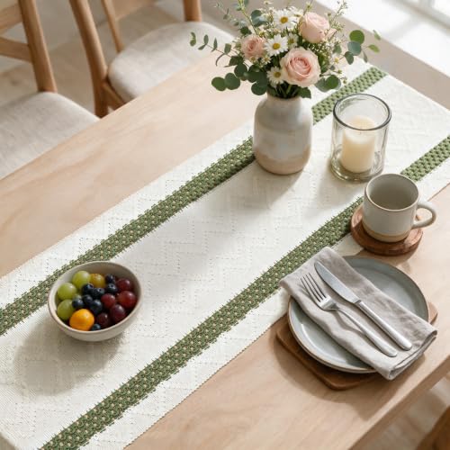 Artoid Mode Army Green Stripe Woven Rustic Table Runner 12x72 Inch — view 4