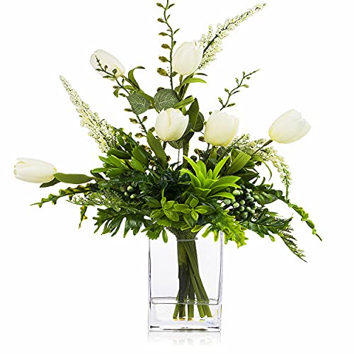 ENOVA HOME Silk Tulip Artificial Flower and Mixed Greenery in Clear Glass Vase with Faux Water (White)
