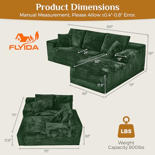 Image of 108 inch Boneless Cloud Sectional Couches for Living Room, Fluffy Comfy Soft L Shaped Memory Deep Seat Foam Boneless Couch, Modular Sectional Sofas with Right Facing Chaise, Green