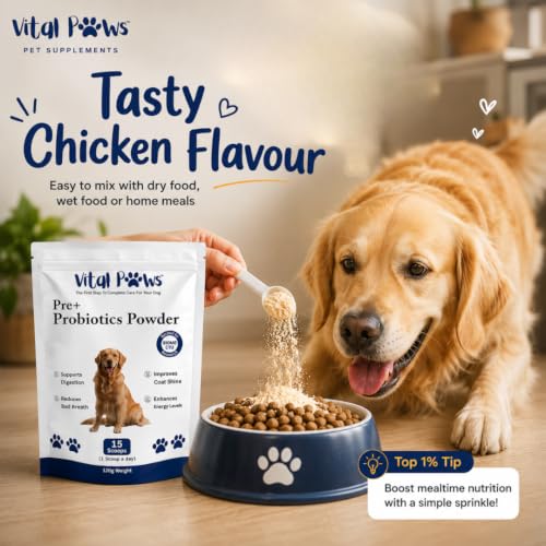 Image of Probiotics for Dogs, Pre + Probiotic Powder Chicken Flavour, 4 Billion CFU Dog Gut Health Supplement, Supports Digestion, Coat Shine, Bad Breath & Daily Food Mixing, 120g