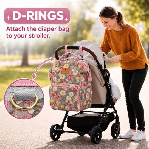 Image of Motherly Patented Diaper Bag Backpack for Moms | Waterproof Baby Travel & Maternity Bag | Spacious Nappy Bag with Insulated Bottle Pockets & Warranty (Floral Series)
