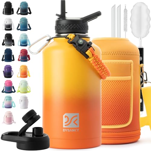 Insulated Water Bottle | Thickened Stainless Steel Vacuum Metal | Portable Sports Half Gallon Large Water Jug for Gym and Hiking with Straw, Carrier Bag, Handle Strap | BPA-Free 64 oz
