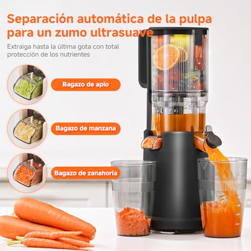 AOBOSI - Exprimidor lento de 135 mm XXL, orificio de llenado, 90 RPM, motor de cobre silencioso, sin BPA, alto rendimiento de zumo, para verduras y frutas, función de masticación inversa, ganador de - imagen 5