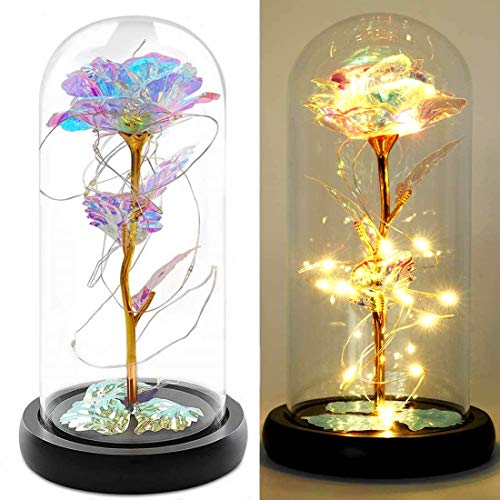 A Bela e a Fera Rosa Presente Encantado Flor Led Colorida Galáxia Luz Rosa em Cúpula de Vidro, Presentes de Cristal Exclusivos para o Dia dos Namorados, Dia das Mães, Aniversário, Aniversário da Menin