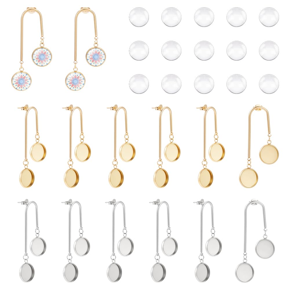 UNICRFTALE 1 Set 2 Colori 24 Pz Doppio Piatto Rotondo Orecchini a Perno Lunetta Vassoio 304 Impostazioni di Orecchini a Perno in Acciaio Inox con 24 Pz Cabochon In Vetro Orecchini Base Arch Earring