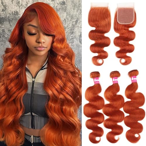 10A Bundles with Closure Human Hair Body Wave Ginger Bundles-12 14 16+12Inch Unprocessed Raw Brazilian Human Hair Quick Weave Bundles with Free Part Lace Closure 350 Ginger Brown Color