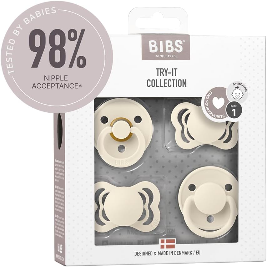 BIBS Try-it Dummies 4-Pack. BPA Free, Round, Symmetrical and Anatomical Nipple. Natural Rubber/Silicone, Size 1 (0-6 Months), Ivory