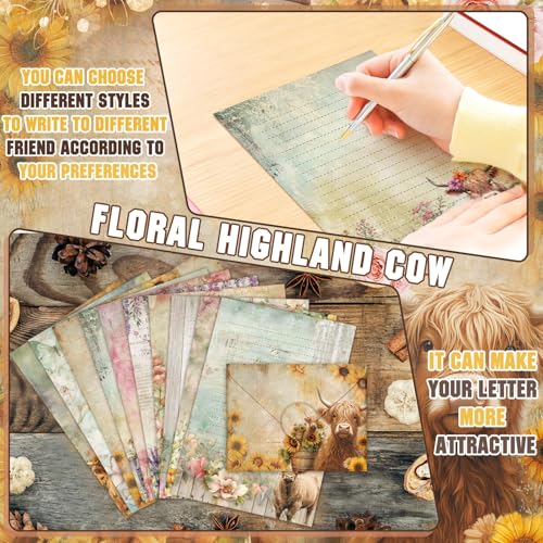 Image of TaoBary 160 Pcs Floral Highland Cow Stationery Paper and Envelopes Set